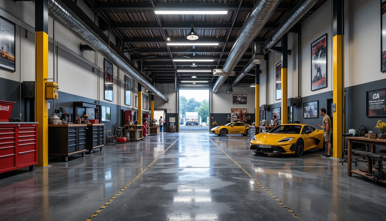 Prompt: Industrial-style garage, epoxy-coated concrete floors, glossy finish, reflective surfaces, durable materials, chemical-resistant coatings, high-traffic areas, heavy machinery, toolboxes, workbenches, overhead storage racks, fluorescent lighting, metal accents, bold color schemes, urban atmosphere, functional design, easy maintenance, slip-resistant texture.