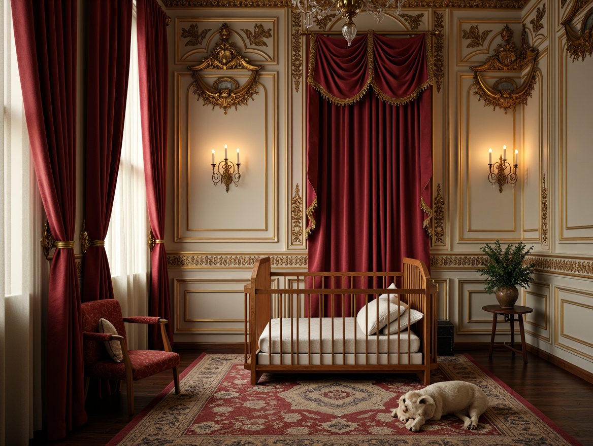 Prompt: Rich velvet fabrics, ornate gold accents, soft cream walls, luxurious silk drapes, antique wooden crib, intricate carvings, plush area rugs, delicate lace trim, warm candlelight, gentle morning light, subtle shadowplay, 1/1 composition, intimate atmosphere, realistic textures, subtle ambient occlusion.Please let me know if this meets your expectations!