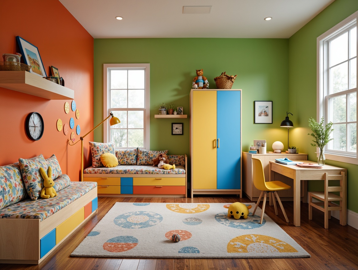 Prompt: Vibrant kids' bedroom, playful color scheme, sturdy wooden furniture, kid-sized desk, ergonomic chair, cozy reading nook, plush area rug, whimsical wall decals, fun patterned bedding, soft warm lighting, 1/2 composition, shallow depth of field, realistic textures.