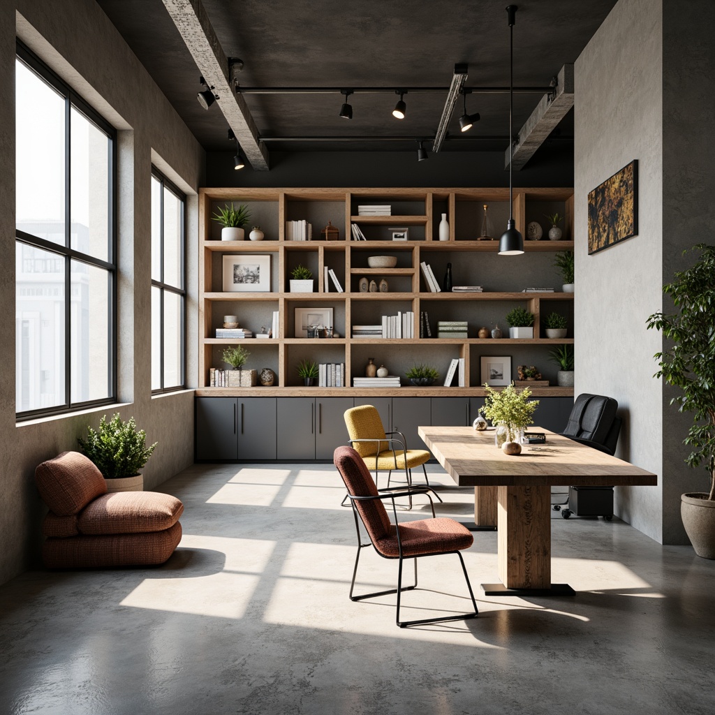 Prompt: Modern functional space, sleek minimalist decor, ergonomic furniture, adjustable desks, comfortable seating, storage shelving units, metallic legs, reclaimed wood accents, industrial-chic lighting, urban loft atmosphere, open floor plan, natural light pouring in, subtle color palette, soft ambient glow, 1/1 composition, realistic textures, shallow depth of field.