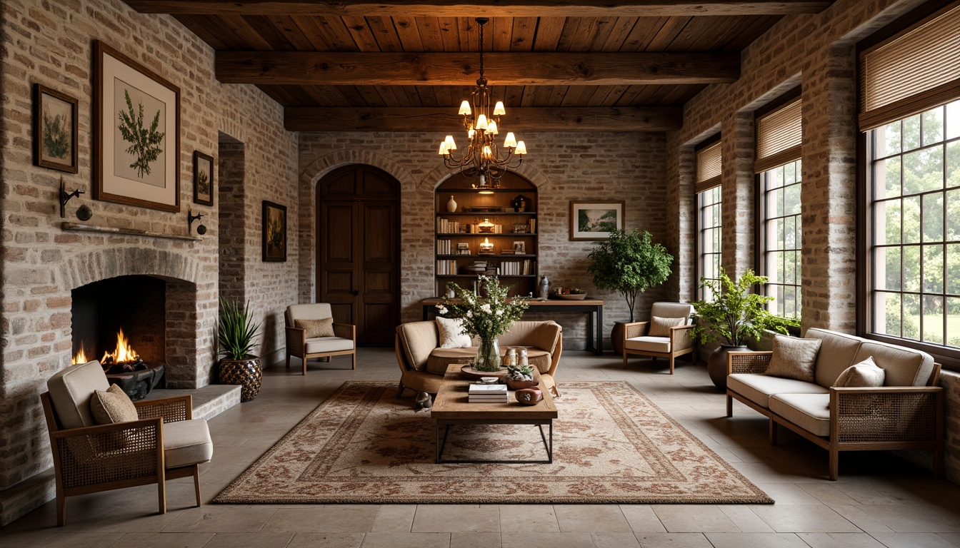 Prompt: Rustic farmhouse interior, distressed wood accents, vintage metalware, ornate Art Deco patterns, rich velvet fabrics, natural linen textures, woven wicker furniture, ceramic tile flooring, exposed brick walls, elegant chandeliers, soft warm lighting, cozy reading nooks, plush area rugs, antique wooden doors, decorative ironwork, earthy color palette, organic shapes, botanical prints, classic geometric motifs.