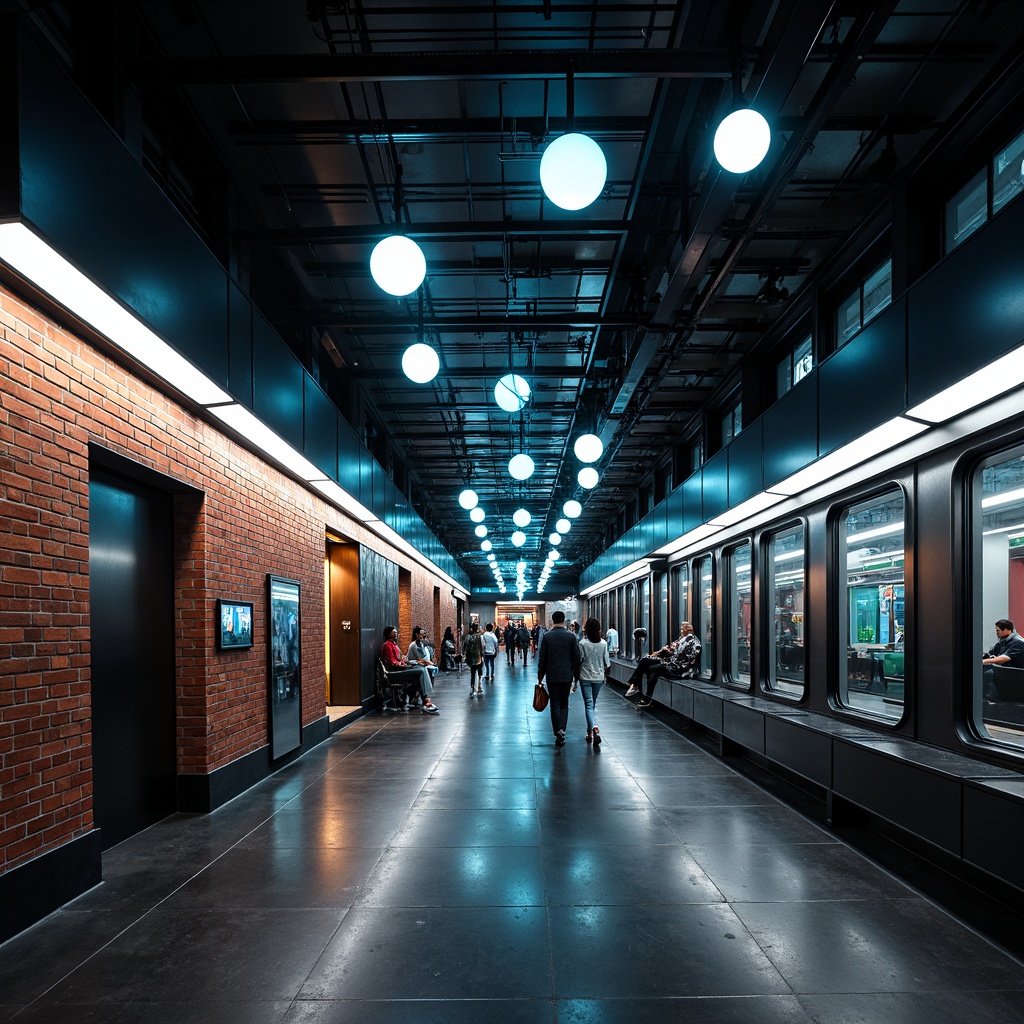 Prompt: Exposed brick walls, industrial-style metal beams, urban cityscape views, busy pedestrian traffic, modern metro station architecture, sleek steel columns, LED light strips, neon signs, futuristic glowing orbs, dynamic color-changing lights, high-contrast dramatic lighting, atmospheric fog effects, cinematic camera angles, low-angle heroic shots, 1/2 composition, shallow depth of field, realistic metallic textures, ambient occlusion.