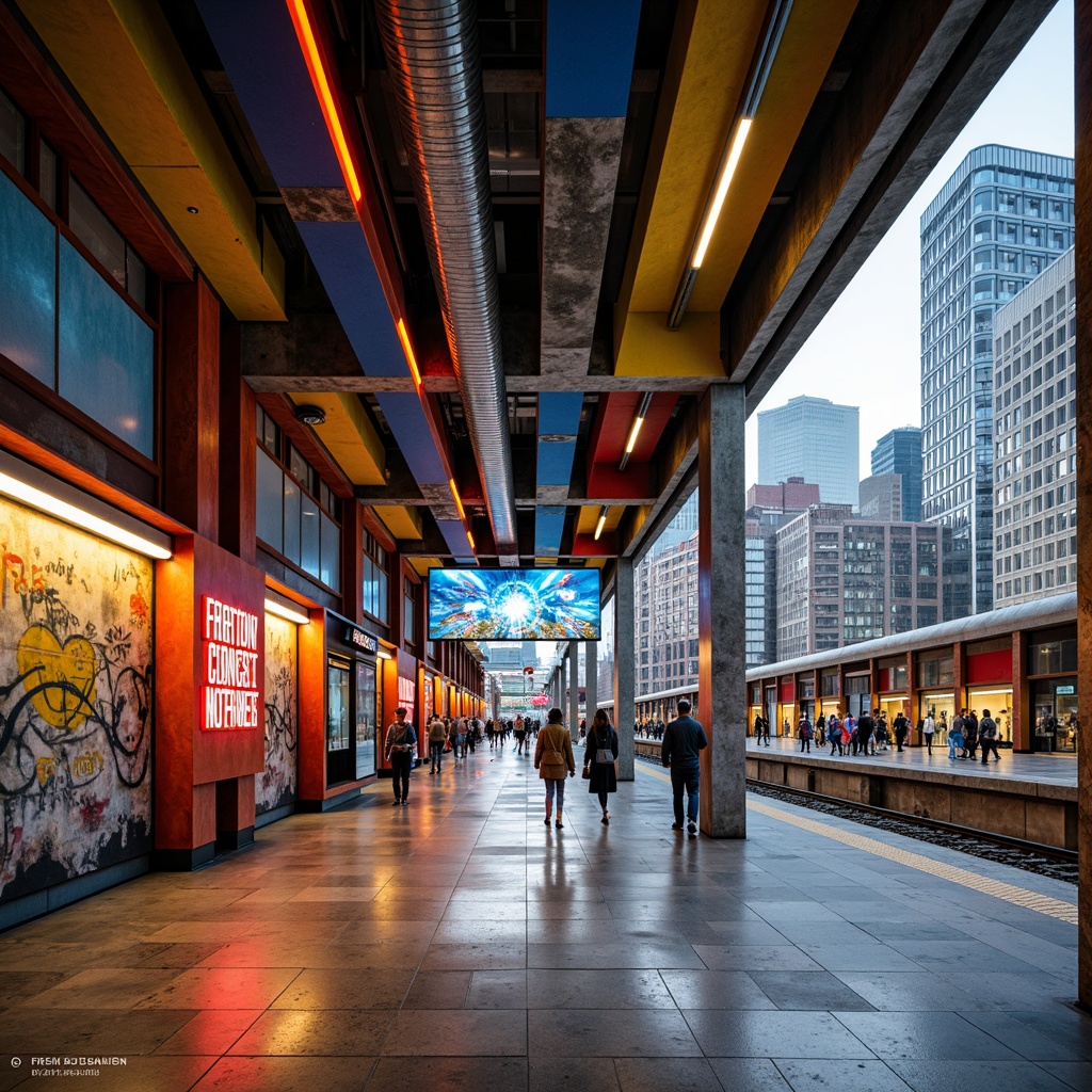 Prompt: Vibrant postmodern train station, eclectic mix of materials, exposed ductwork, industrial metal beams, reclaimed wood accents, bold color blocking, geometric patterned tiles, irregularly shaped columns, futuristic LED lighting, neon signs, abstract murals, graffiti-inspired artworks, distressed concrete textures, urban cityscape views, bustling pedestrian traffic, dynamic camera angles, high-contrast dramatic lighting, cinematic composition.