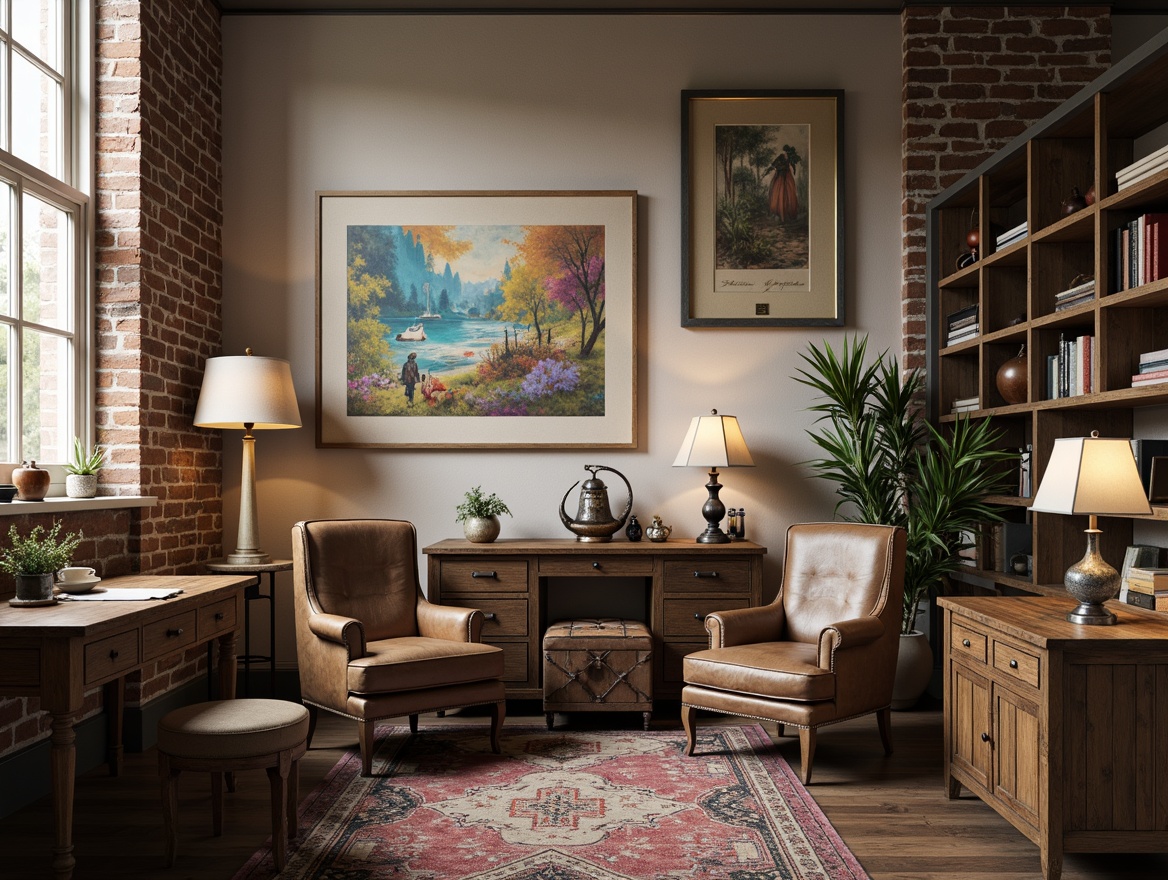 Prompt: Vintage industrial lamps, distressed wood accents, worn leather armchairs, eclectic artwork, ornate metal fixtures, soft pastel hues, textured rugs, reclaimed wooden desks, exposed brick walls, rustic metal shelving, warm cozy lighting, shallow depth of field, 1/1 composition, realistic textures, ambient occlusion.