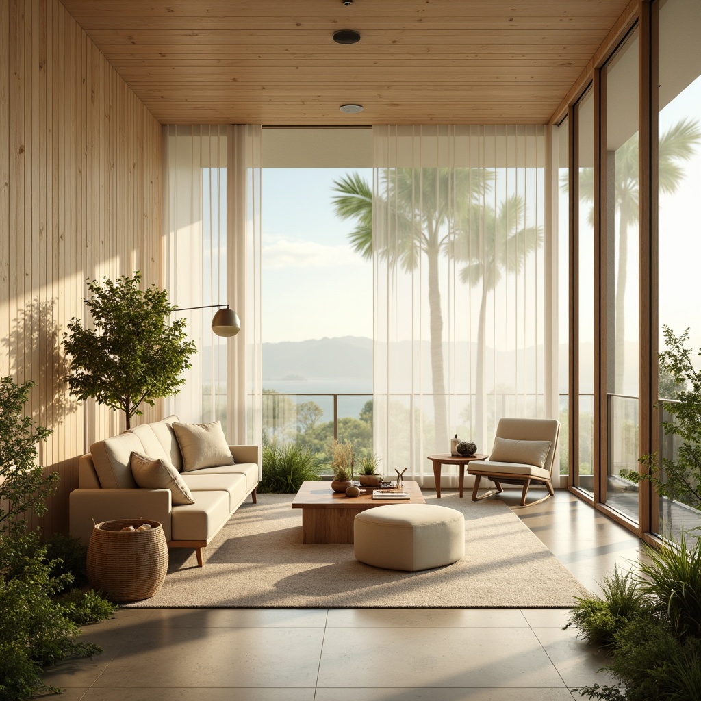 Prompt: Ethereal ambiance, soft diffused light, delicate translucent surfaces, minimalist interior design, serene atmosphere, natural materials, wooden accents, earthy tones, subtle textures, gentle color palette, warm beige hues, creamy whites, lush greenery, floor-to-ceiling windows, sliding glass doors, panoramic views, shallow depth of field, 1/1 composition, realistic reflections, ambient occlusion.