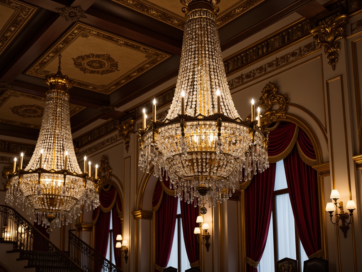 Prompt: Ornate chandeliers, crystal droplets, golden bronze fixtures, intricate filigree details, lavish pendant lights, ornamental sconces, rich velvet drapes, heavy curtains, luxurious fabrics, antique furniture, carved wooden accents, grand staircase, opulent ballrooms, sparkling crystals, warm candlelight, soft warm glow, subtle shadows, 1/1 composition, realistic textures, ambient occlusion.