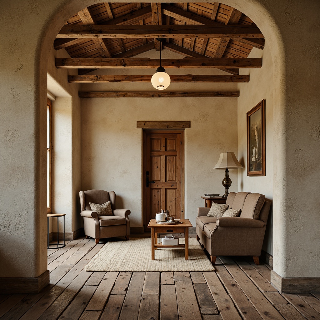 Prompt: Rustic farmhouse interior, distressed wood accents, warm beige tones, wooden ceiling beams, reclaimed barnwood floors, vintage wooden furniture, ornate metal hardware, earthy color palette, natural textures, soft warm lighting, shallow depth of field, 1/1 composition, realistic wood grain, ambient occlusion.