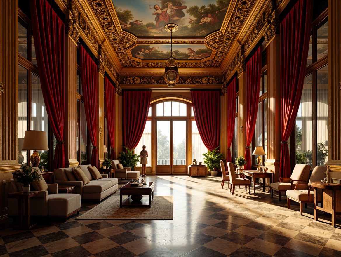 Prompt: Opulent baroque interior, rich velvet drapes, warm golden lighting, ornate mirrors, gilded frames, luxurious marble floors, intricate fresco ceilings, lavish furnishings, bold red accents, deep blues, emerald greens, creamy whites, soft yellows, dramatic chiaroscuro, intense shadows, high contrast ratio, cinematic composition, symmetrical layout, ornate details, grandiose atmosphere.