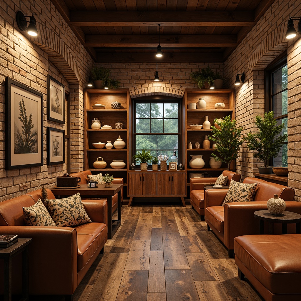 Prompt: Earthy tones, warm wooden accents, natural stone walls, exposed brick textures, vintage industrial lighting, rustic metal fixtures, rich leather upholstery, woven textiles, earthy ceramics, handmade crafts displays, wooden shelves, reclaimed wood floors, cozy reading nooks, soft warm lighting, 1/2 composition, intimate atmosphere, realistic materials, ambient occlusion.