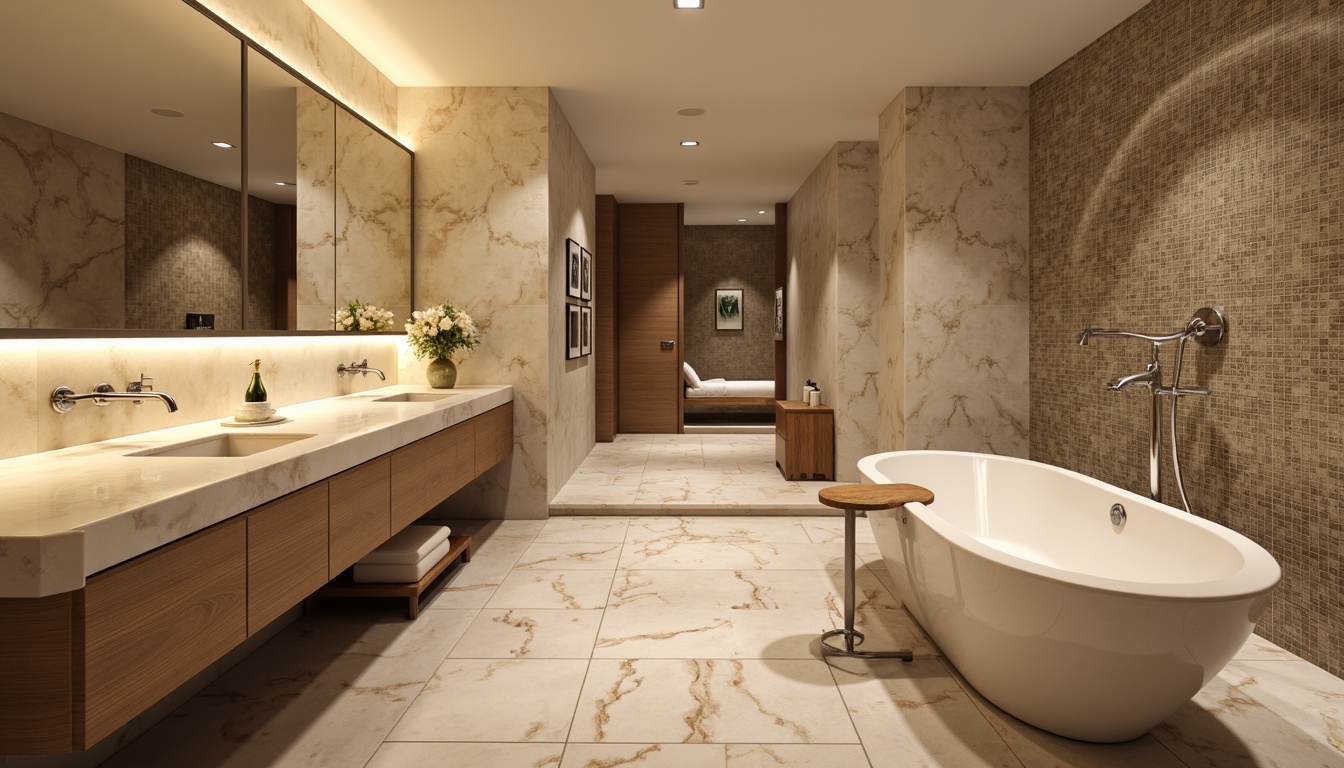 Prompt: Luxurious bathroom, marble countertops, veined stone walls, warm LED lighting, freestanding tubs, chrome faucets, ornate mirrors, textured glass tiles, 3D-patterned ceramic flooring, natural wood cabinetry, soft-close drawers, modern minimalist decor, spa-inspired ambiance, steam shower systems, rainfall showerheads, gentle misting, warm beige tones, soft focus blur, shallow depth of field, 2/3 composition, realistic reflections.