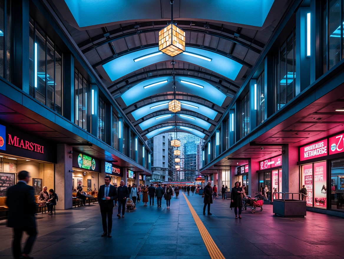 Prompt: Vibrant metro station, futuristic architecture, sleek metal beams, polished concrete floors, LED strip lights, suspended ceiling fixtures, geometric pendant lamps, colorful neon signs, urban cityscape, bustling crowd, rush hour atmosphere, dynamic lighting effects, high-contrast shadows, 1/2 composition, low-angle shot, dramatic spotlighting, realistic reflections, ambient occlusion.