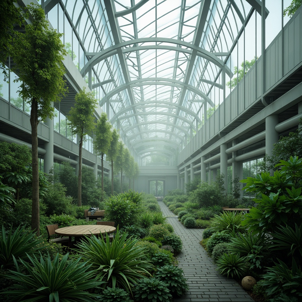 Prompt: Ethereal greenhouse, lush tropical plants, misty atmosphere, transparent glass walls, minimalist steel frames, natural light pouring in, vibrant green hues, organic curves, futuristic architecture, sustainable energy harvesting, solar panels, wind turbines, water conservation systems, green roofs, eco-friendly materials, innovative climate control technologies, shaded outdoor spaces, misting systems, eerie glowing lights, surreal ambiance, shallow depth of field, 3/4 composition, panoramic view, realistic textures, ambient occlusion.