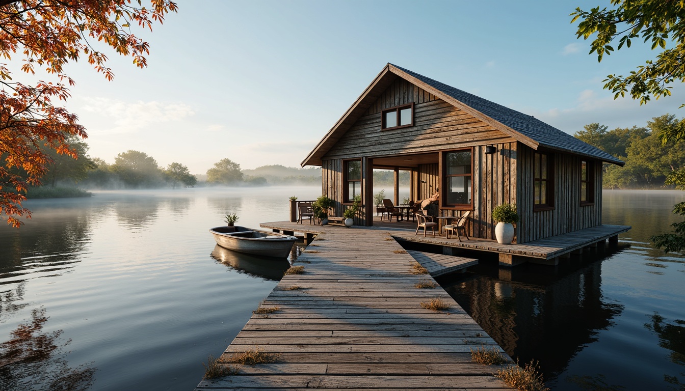 Prompt: Rustic boathouse, weathered wood accents, nautical rope details, water-inspired color palette, soothing blues, calming whites, earthy browns, vibrant coral hues, natural textures, wooden dock, serene lake views, misty morning atmosphere, soft warm lighting, shallow depth of field, 3/4 composition, realistic reflections, ambient occlusion.