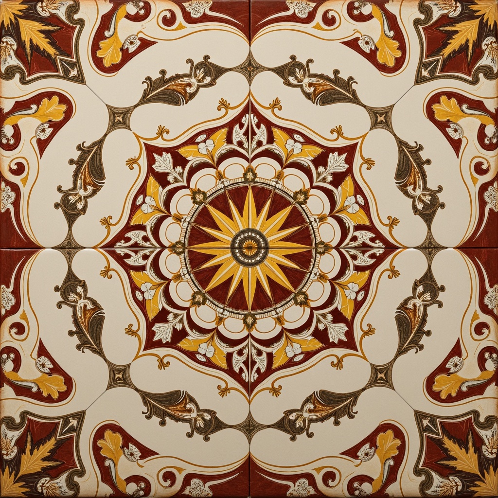 Prompt: Intricate Renaissance-style tile patterns, ornate florals, vintage-inspired geometrics, warm earthy tones, terracotta reds, golden yellows, creamy whites, luxurious marble textures, antique bronze accents, elegant curved lines, classical symmetry, Mediterranean architectural influences, ornamental borders, decorative centerpieces, subtle gradient effects, soft natural lighting, shallow depth of field, 2/3 composition, realistic materials, ambient occlusion.