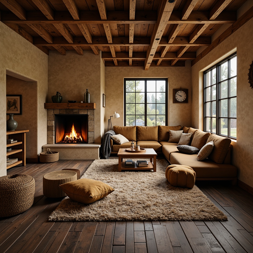 Prompt: Rustic cabin, wooden accents, earthy tones, warm beige walls, distressed wood flooring, vintage metal decor, natural stone fireplaces, plush area rugs, cozy throw blankets, soft candlelight, warm golden lighting, shallow depth of field, 2/3 composition, intimate atmosphere, realistic textures, ambient occlusion.