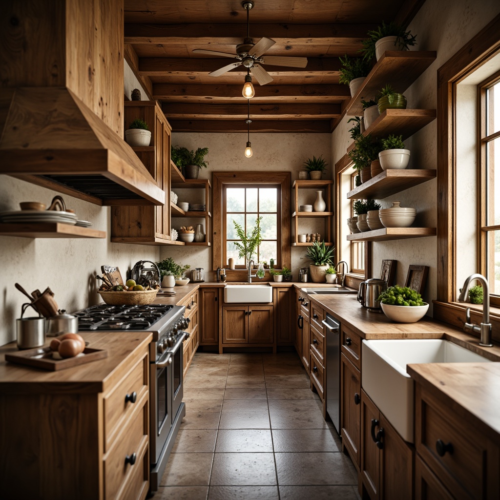 Prompt: Rustic kitchen, wooden cabinetry, earthy tones, natural materials, traditional craftsmanship, ornate details, raised panel doors, decorative trims, warm lighting, cozy atmosphere, farmhouse sink, butcher block countertops, stainless steel appliances, pendant lights, reclaimed wood accents, vintage hardware, soft focus, shallow depth of field, 1/1 composition, realistic textures.