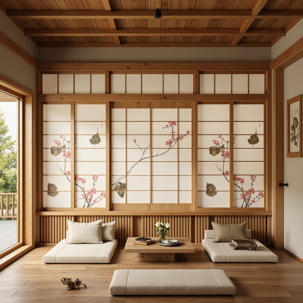 Prompt: Traditional Japanese sliding doors, natural wood grain, rice paper textures, subtle earth tones, warm beige walls, hand-painted murals, delicate cherry blossom patterns, soft silk fabrics, intricately carved wooden accents, minimal ornamentation, serene ambiance, diffused softbox lighting, 1/2 composition, realistic wood grains, ambient occlusion.