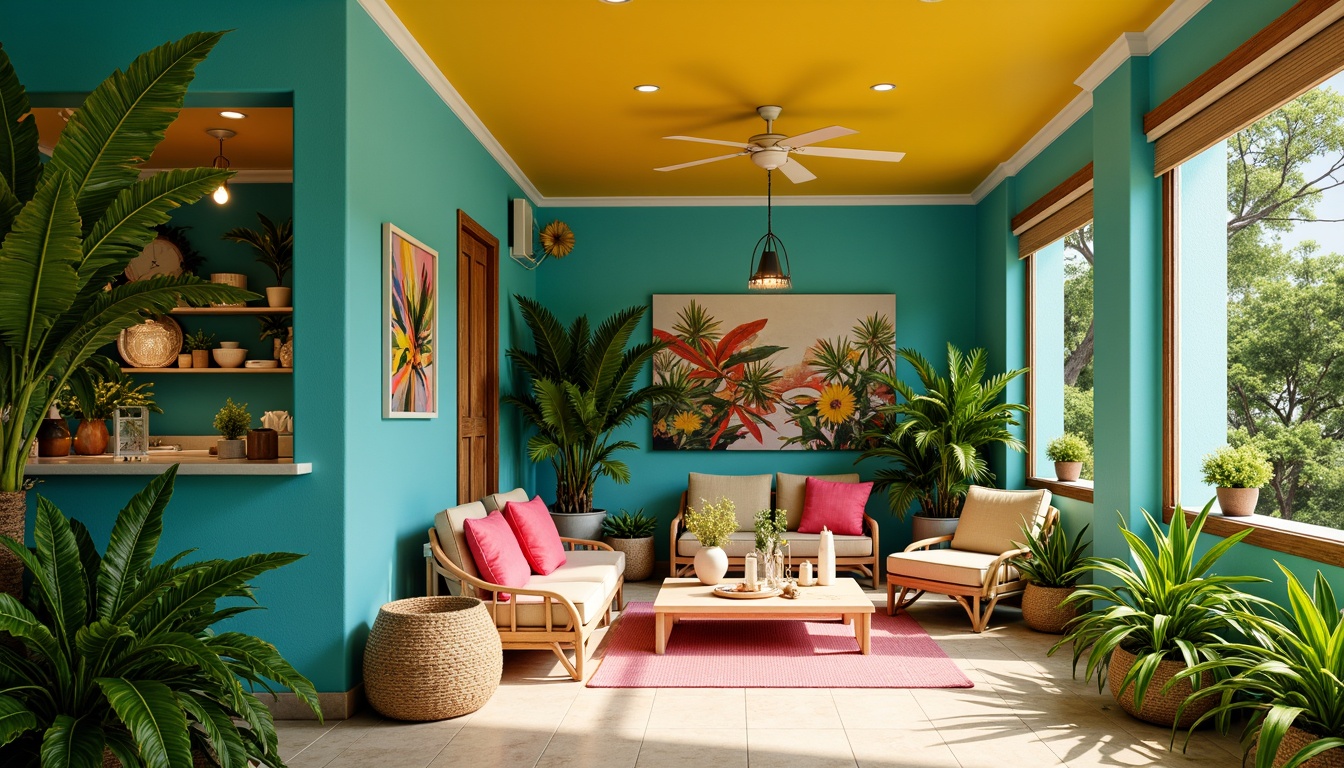 Prompt: Vibrant tropical interior, lush greenery, exotic plants, natural wood accents, rattan furniture, woven textiles, bold bright colors, turquoise blue walls, sunny yellow ceilings, coral pink decorative accessories, ocean-inspired hues, warm beige flooring, creamy white trim, ambient soft lighting, shallow depth of field, 3/4 composition, panoramic view, realistic textures, ambient occlusion.