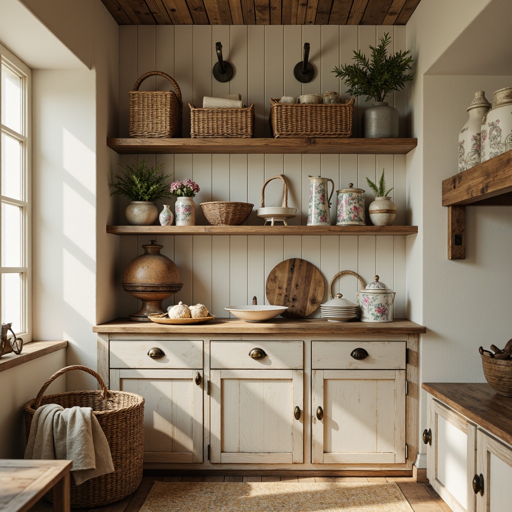 Prompt: Rustic wooden shelves, distressed finishes, soft cream-colored walls, vintage metal decorative accents, woven wicker baskets, natural linen fabrics, floral patterned ceramics, antique bronze hardware, ornate carved details, soft warm lighting, shallow depth of field, 1/1 composition, realistic textures, ambient occlusion.