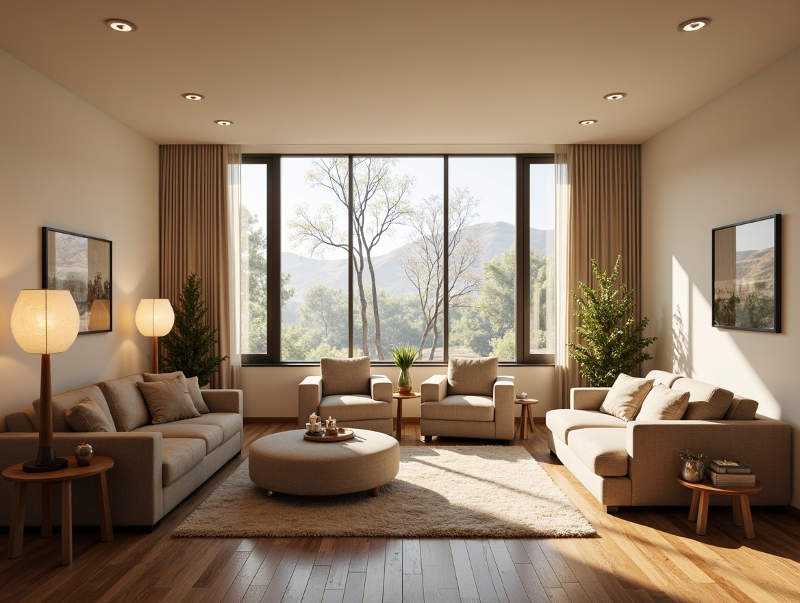 Prompt: Cozy transitional space, warm ambient lighting, soft glowing lamps, creamy white walls, polished wooden floors, plush area rugs, comfortable sectional sofas, natural fiber textiles, earthy color palette, floor-to-ceiling windows, sheer curtains, sunny afternoon, gentle shadows, 1/1 composition, realistic reflections, subtle gradient effects.