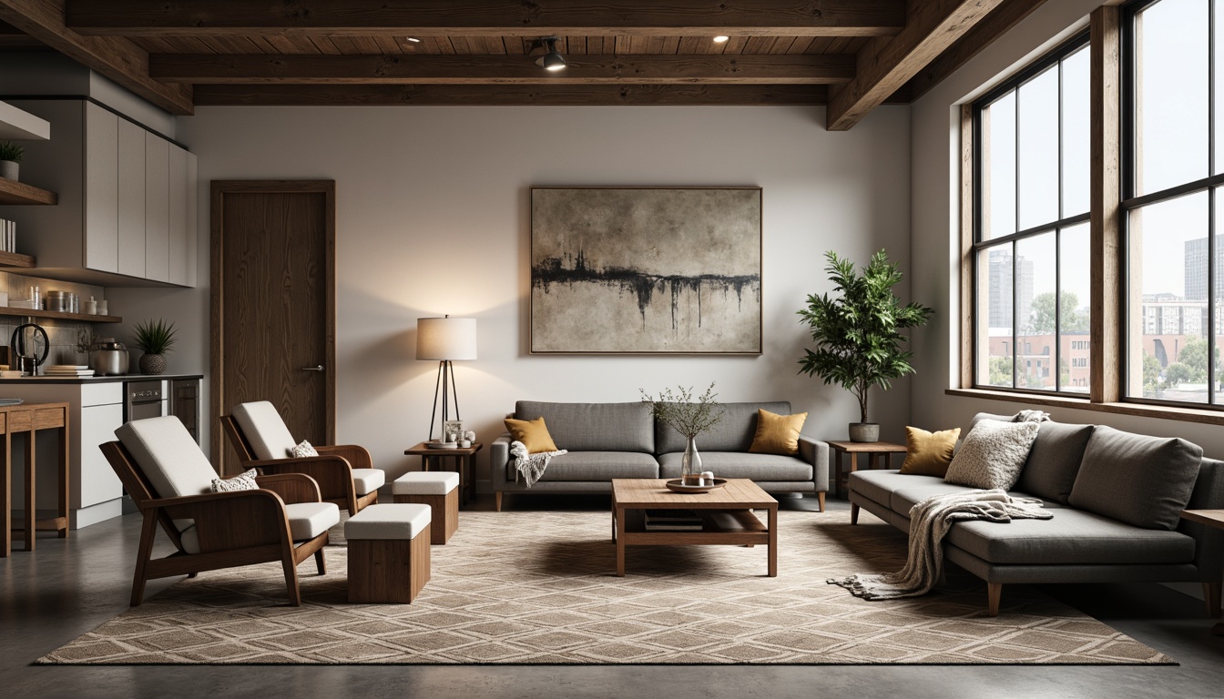 Prompt: Modern living room, sleek functional furniture, minimalist decor, comfortable sofas, reclining chairs, wooden coffee tables, floor lamps, soft warm lighting, natural textiles, cozy throw blankets, abstract artwork, geometric patterns, urban loft atmosphere, high ceilings, industrial windows, concrete floors, rustic wood accents, 3/4 composition, shallow depth of field, realistic textures.