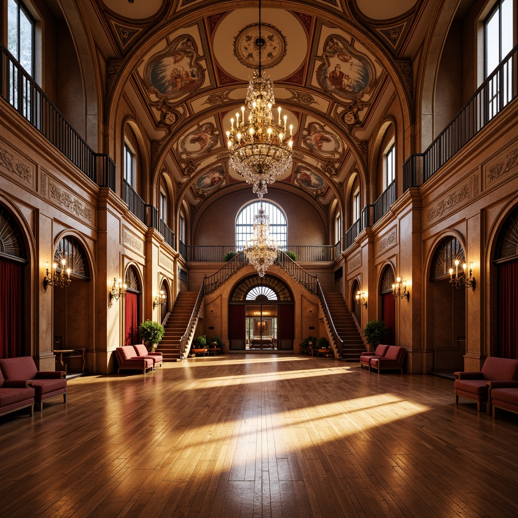 Prompt: Renaissance-style gymnasium, rich wood flooring, polished maple hardwood, ornate metalwork details, grand chandeliers, high ceilings, classical arches, stately columns, elegant staircases, luxurious upholstery, velvet drapes, intricate frescoes, ornamental plasterwork, warm golden lighting, 1/2 composition, shallow depth of field, realistic textures, ambient occlusion.