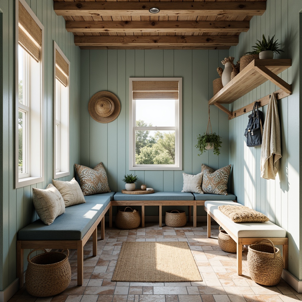 Prompt: Coastal mudroom, rustic wooden accents, woven sea grass mats, natural jute fibers, driftwood-inspired shelving, ocean-blue painted walls, coral-patterned ceramic tiles, distressed denim upholstery, nautical rope details, weathered wood benches, soft linen fabrics, billowy curtains, seaside-inspired throw pillows, weather-resistant outdoor textiles, natural sisal rugs, woven abaca storage baskets, sunny day, warm soft lighting, 3/4 composition, realistic textures.