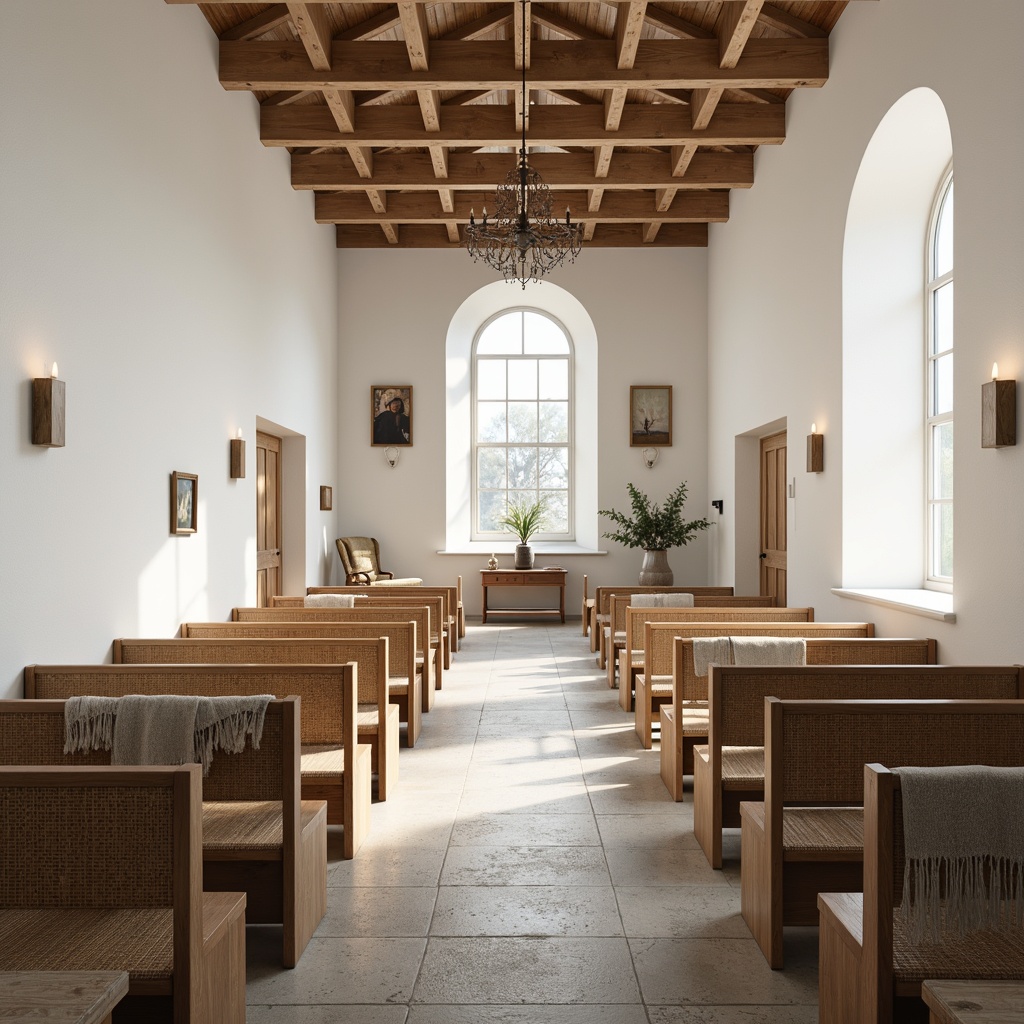 Prompt: Minimalist church interior, light-filled nave, whitewashed walls, wooden pews, Nordic-inspired textiles, woven wool fabrics, natural fiber upholstery, subtle geometric patterns, earthy color palette, warm candlelight, stained glass windows, rustic wooden accents, serene atmosphere, soft ambient lighting, shallow depth of field, 1/1 composition, realistic textures, ambient occlusion.