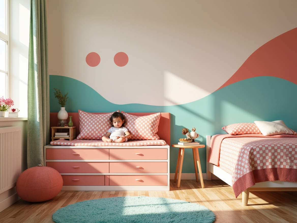 Prompt: Vibrant kids' bedroom, soft pastel colors, gentle cream walls, bright coral furniture, playful turquoise accents, whimsical polka dots, fun geometric patterns, cozy reading nook, plush carpeting, natural wood flooring, sunny day, warm lighting, shallow depth of field, 1/2 composition, intimate atmosphere, kid-friendly textures, lively color blocking.