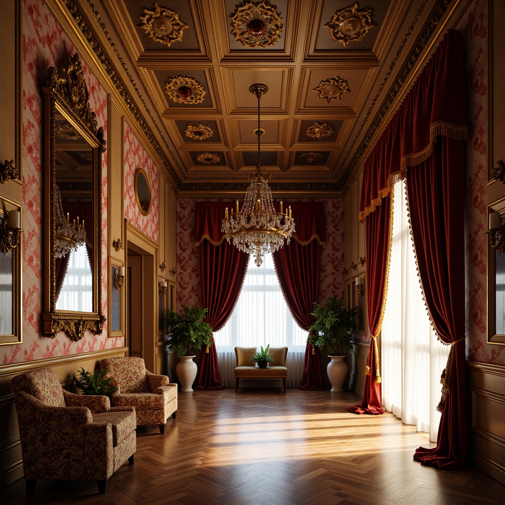 Prompt: Richly patterned wallpaper, ornate plasterwork, intricately carved wooden panels, luxurious velvet drapes, tassel-trimmed curtains, ornamental ceiling medallions, gilded mirror frames, floral motifs, damask fabrics, lace trimmings, heavy drapery, opulent chandeliers, warm golden lighting, 3/4 composition, shallow depth of field, realistic textures, ambient occlusion.