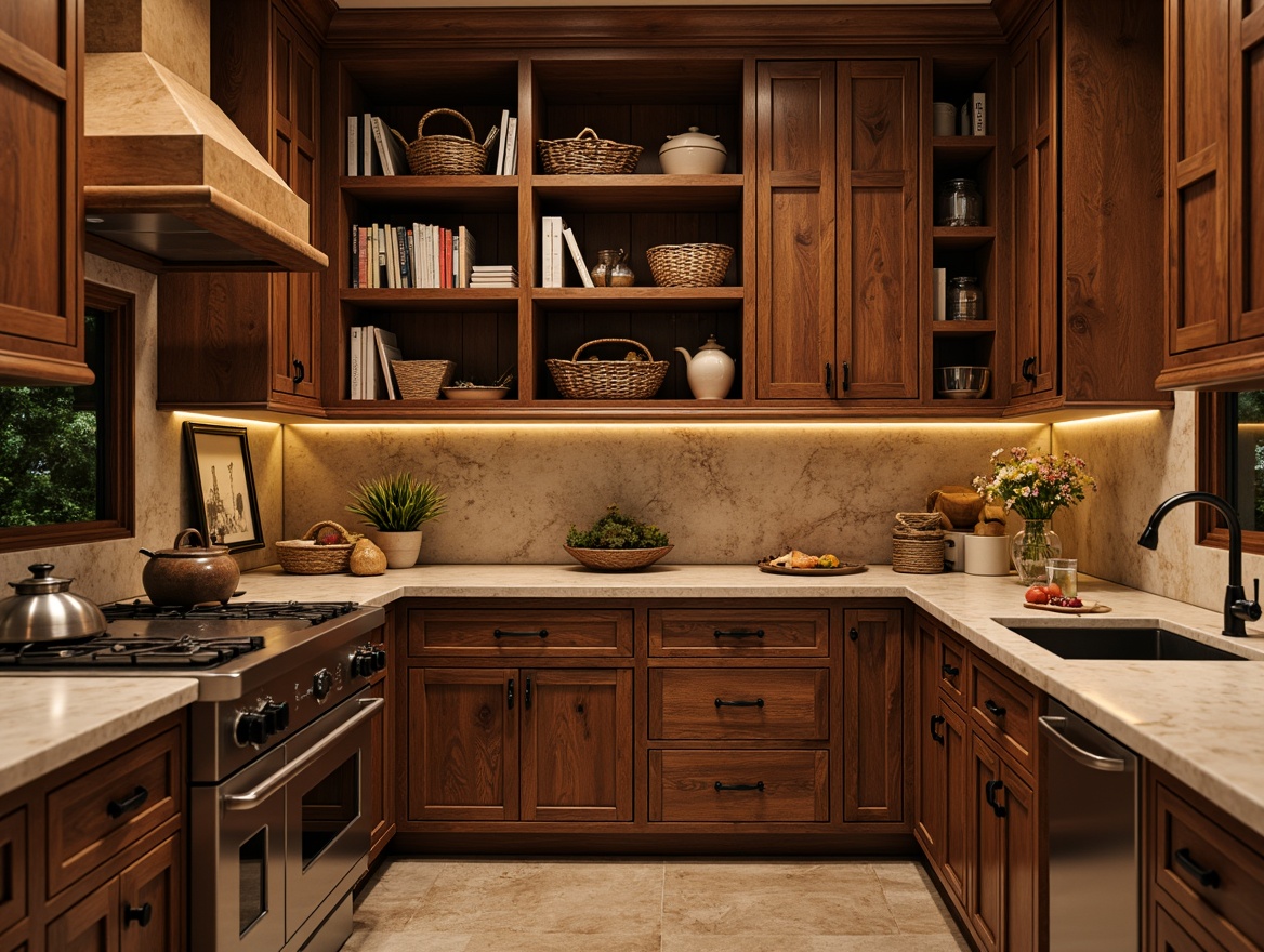 Prompt: Warm traditional pantry, rich wood tones, ornate cabinetry, elegant hardware, soft warm lighting, pendant lights, under-cabinet lighting, LED strips, ambient glow, rustic stone countertops, earthy color palette, natural textures, woven baskets, vintage kitchenware, classic cookbooks, decorative ceramic jars, open shelving, farmhouse sink, apron-front cabinets, distressed finishes, cozy atmosphere, shallow depth of field, 1/1 composition, realistic reflections.