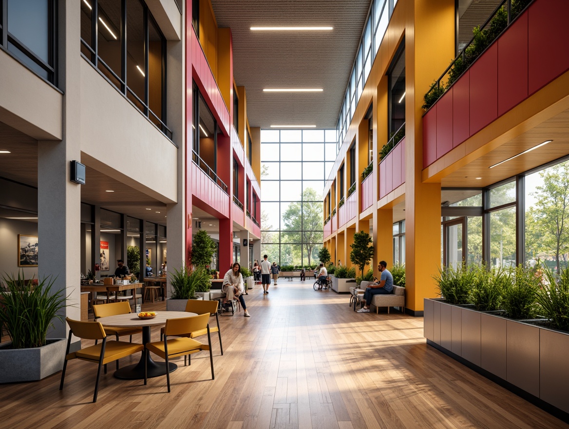 Prompt: Vibrant student hall, modern architectural design, bold color scheme, energetic atmosphere, bright corridors, cozy common rooms, comfortable lounge areas, wooden flooring, sleek metal accents, natural light pouring in, large windows, soft warm lighting, 3/4 composition, shallow depth of field, realistic textures, ambient occlusion.