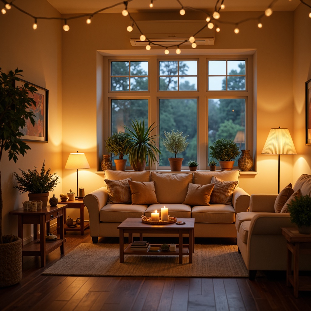 Prompt: Cozy living room, warm soft lighting, calming ambiance, floor lamps, table lamps, string lights, candles, dimmable LED bulbs, gentle color temperatures, soothing pastel hues, cream-colored walls, plush carpeting, comfortable sofas, natural wood accents, peaceful atmosphere, serene mood, shallow depth of field, 1/1 composition, warm golden lighting, relaxed evening setting.