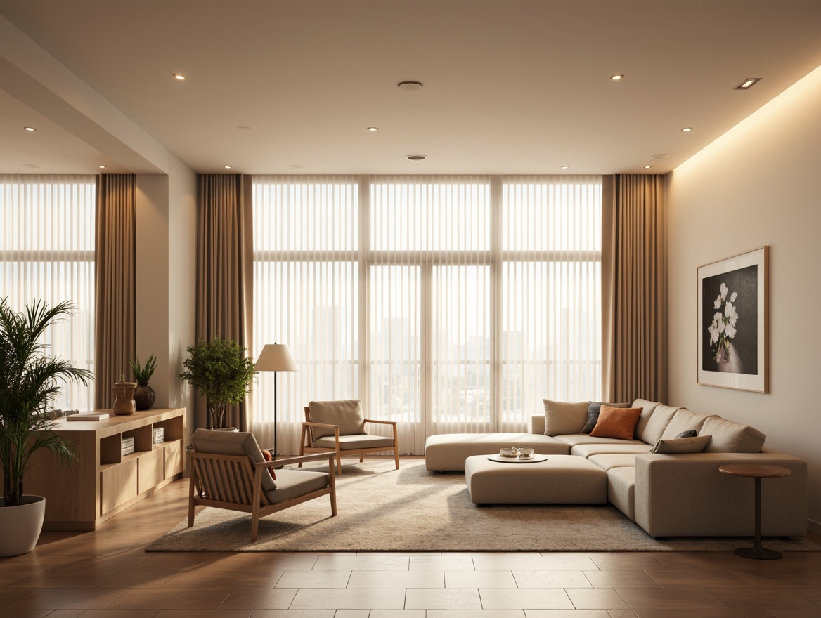 Prompt: Soft warm glow, natural daylight, floor-to-ceiling windows, sheer curtains, minimalist decor, monochromatic color scheme, sleek lines, modern furniture, low-profile lighting fixtures, recessed LED strips, warm beige tones, soft shadows, subtle texture accents, Nordic-inspired simplicity, open-plan living areas, 1/1 composition, shallow depth of field, softbox lighting, ambient occlusion.Please let me know if this meets your expectations!