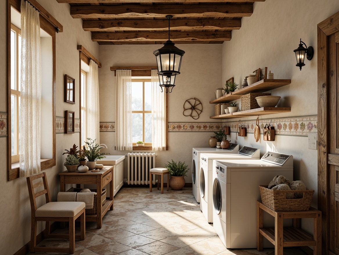 Prompt: Rustic laundry room, distressed wooden beams, soft warm lighting, vintage metal lanterns, creamy white walls, ornate ironwork, elegant ceramic tiles, floral patterns, lace curtains, natural linen fabrics, woven baskets, antique furniture pieces, soft pastel colors, warm beige tones, subtle chiaroscuro, 1/1 composition, intimate atmosphere, realistic textures.