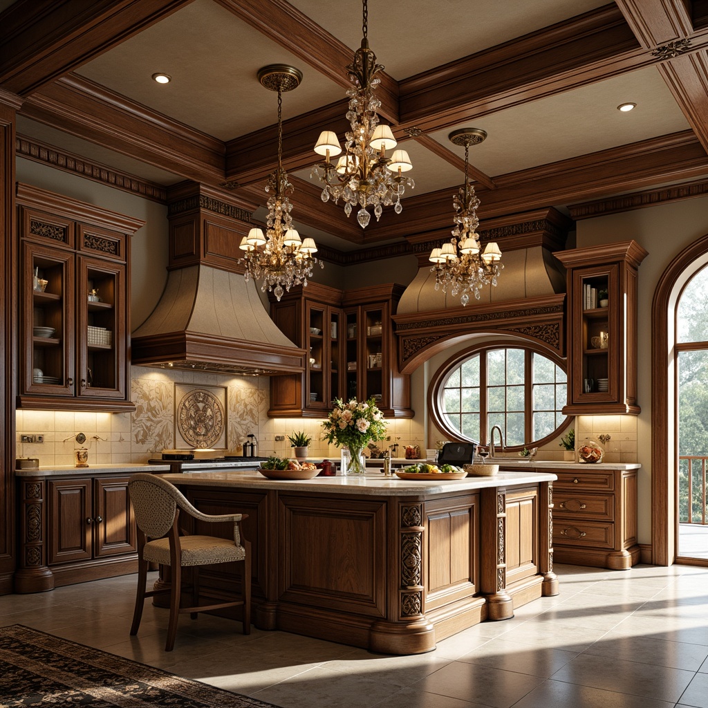 Prompt: Luxurious kitchen, ornate cabinetry, intricate carvings, gilded accents, marble countertops, high-gloss finishes, crystal chandeliers, pendant lighting, decorative range hoods, arched doorways, lavish island, rich wood tones, velvety smooth textures, ambient warm lighting, soft focus, 1/1 composition, inviting atmosphere, elegant fixtures, sophisticated color palette.