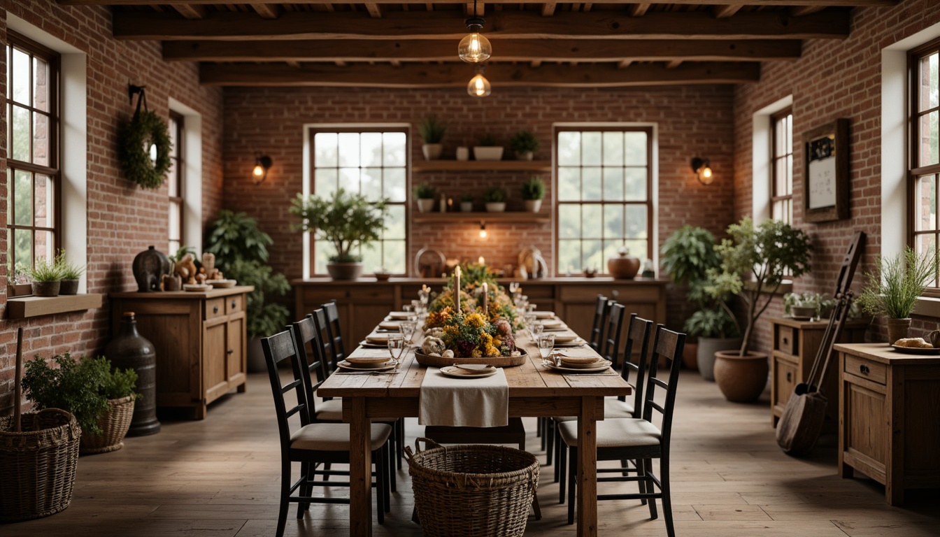 Prompt: Rustic wooden tables, vintage metal chairs, natural linen tablecloths, distressed finishes, earthy color palette, warm candlelight, seasonal flower arrangements, antique farm tools, woven baskets, exposed beams, brick walls, wooden flooring, cozy atmosphere, soft focus photography, 1/1 composition, intimate lighting, realistic textures, ambient occlusion.