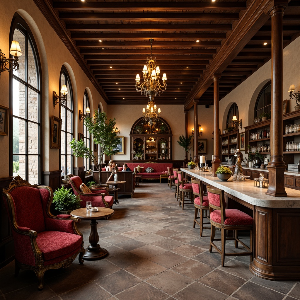 Prompt: Renaissance-style coffee shop, ornate wooden furniture, intricately carved chairs, velvet upholstery, golden accents, marble countertops, rich wood tones, warm candle lighting, cozy nooks, plush armchairs, antique decorative pieces, vintage coffee grinders, distressed stone walls, rustic brick arches, high ceilings, grand chandeliers, soft warm colors, natural textures, shallow depth of field, 1/1 composition, realistic renderings, ambient occlusion.