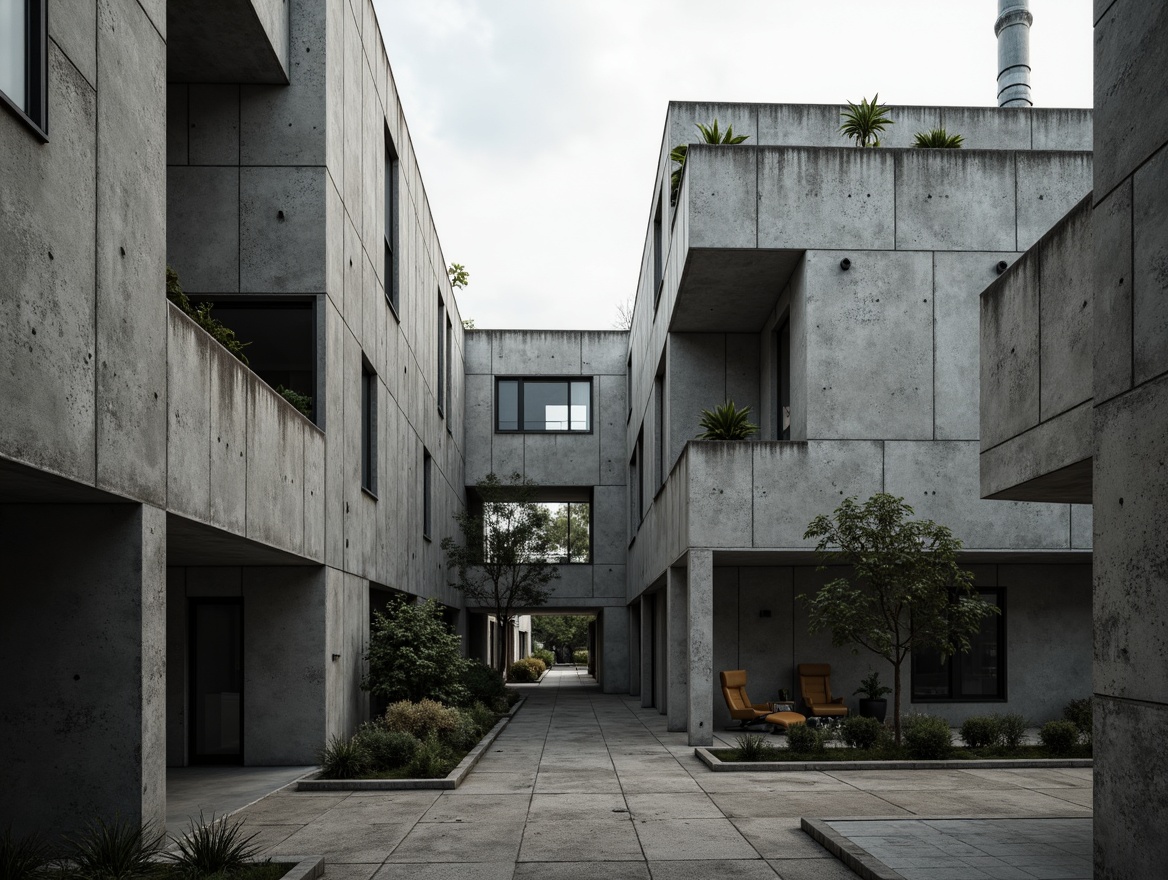 Prompt: Industrial chic aesthetic, exposed plasticrete walls, rough textured concrete, metal reinforcement, brutalist architecture, urban landscape, overcast sky, dramatic shadows, high-contrast lighting, 1/1 composition, symmetrical framing, bold geometric patterns, industrial materials palette, functional design elements, structural expressionism, raw unfinished look, modernist influences, minimalist decor, monochromatic color scheme, moody atmospheric tone.