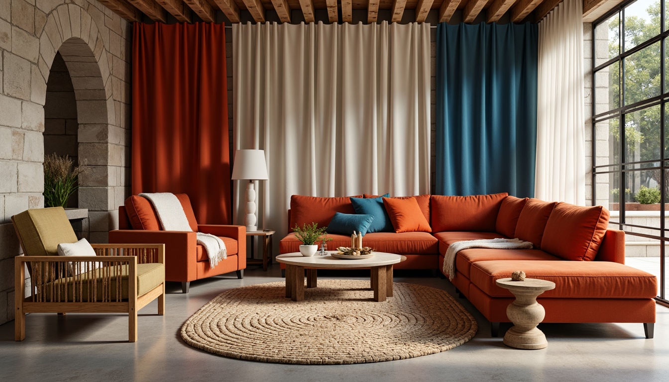 Prompt: Plush velvet sofas, soft linen upholstery, natural fiber rugs, woven bamboo chairs, cozy throw blankets, vibrant colorful pillows, luxurious silk drapes, textured stone walls, modern minimalist decor, ambient warm lighting, shallow depth of field, 1/2 composition, realistic fabric simulations.