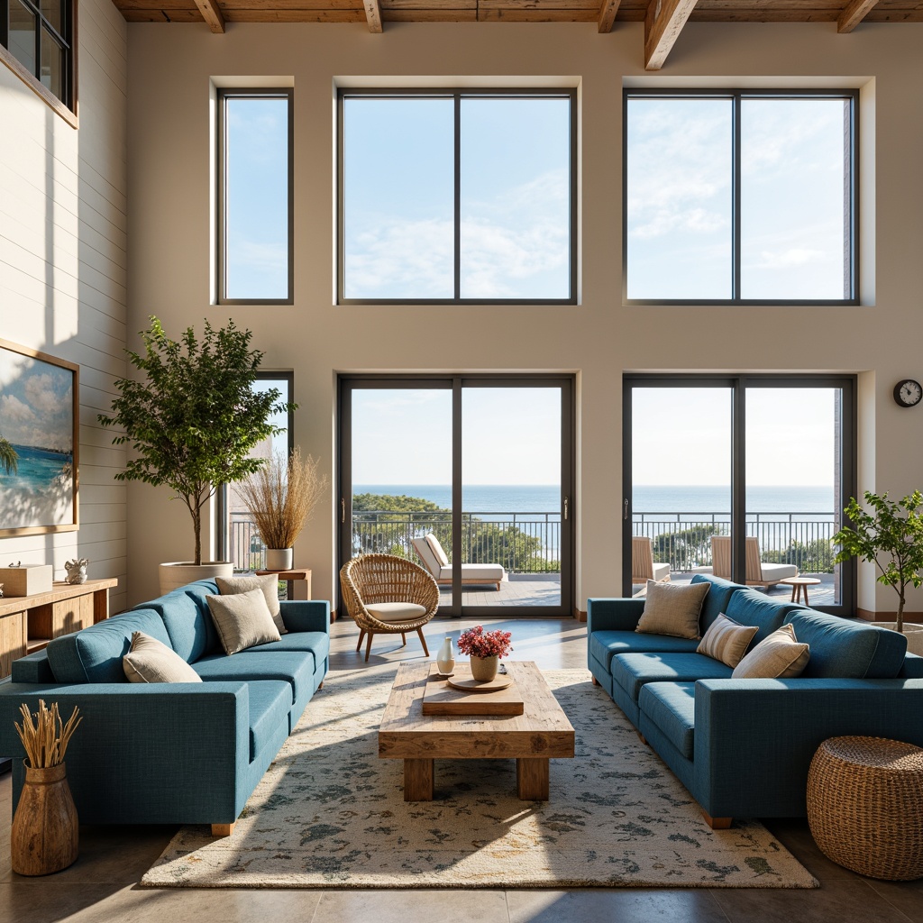 Prompt: Coastal-themed student hall, driftwood-inspired furniture, plush ocean-blue sofas, natural woven baskets, reclaimed wood coffee tables, nautical rope accents, white shiplap walls, large windows with ocean views, sliding glass doors, outdoor lounge areas, beachy textiles, coral-patterned rugs, soft warm lighting, shallow depth of field, 3/4 composition, panoramic view, realistic textures, ambient occlusion.