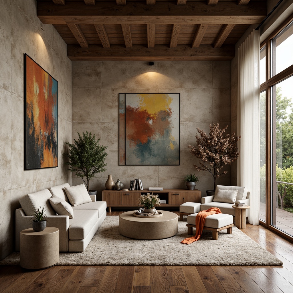 Prompt: Cozy living room, natural stone walls, earthy color palette, rustic wooden accents, soft warm lighting, textured wallpaper, distressed finishes, vintage decorative items, plush area rugs, comfortable seating arrangements, modern minimalist furniture, large windows, sheer curtains, blooming plants, shallow depth of field, 3/4 composition, realistic textures, ambient occlusion.