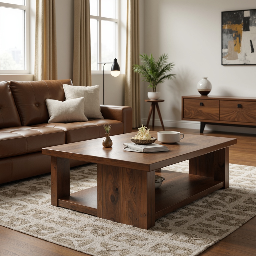 Prompt: Tapered leg coffee table, walnut wood grain, tufted leather sofa, geometric patterned rug, industrial metal floor lamp, minimalist wooden side table, sleek low-profile TV stand, abstract artwork, natural fiber textiles, warm beige color palette, soft diffused lighting, shallow depth of field, 1/1 composition, realistic material textures, ambient occlusion.