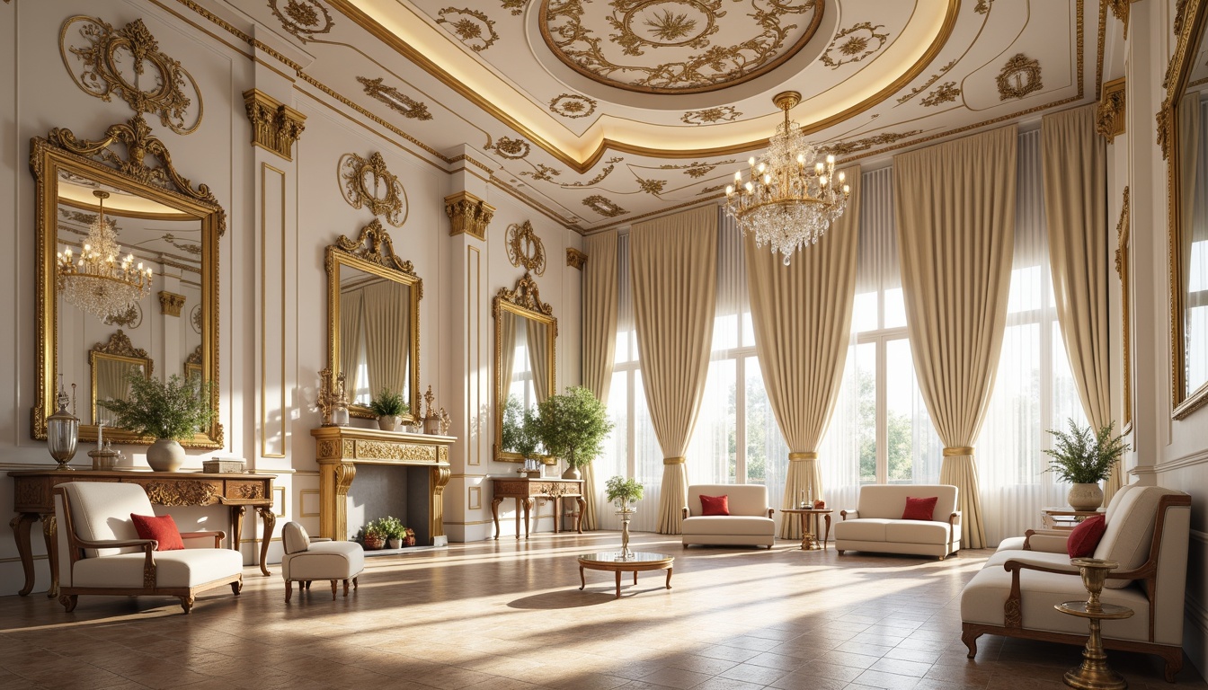 Prompt: Lavish Rococo interior, soft pastel hues, creamy whites, rich gold accents, ornate mirrors, delicate florals, velvet drapes, intricate carvings, crystal chandeliers, ornamental plasterwork, luxurious furnishings, curved lines, whimsical patterns, indulgent textures, warm candlelight, shallow depth of field, 1/2 composition, soft focus, atmospheric perspective.