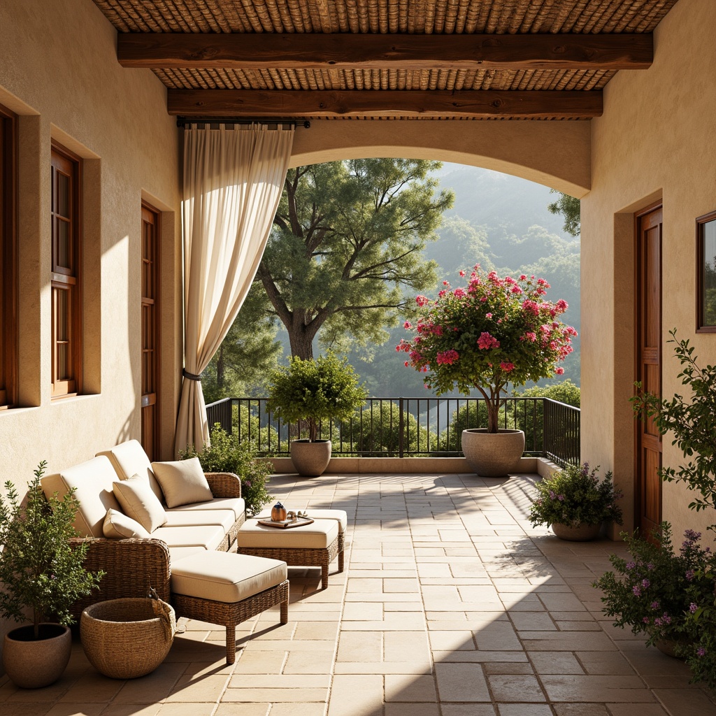 Prompt: Mediterranean-style villa, warm beige stucco walls, terracotta roof tiles, ornate wooden shutters, flowing white drapery, billowy silk fabrics, natural linen textures, rustic wood accents, wrought iron balconies, lush greenery, potted olive trees, vibrant bougainvillea flowers, sunny afternoon, soft warm lighting, shallow depth of field, 3/4 composition, panoramic view, realistic textures, ambient occlusion.Let me know if this meets your expectations!