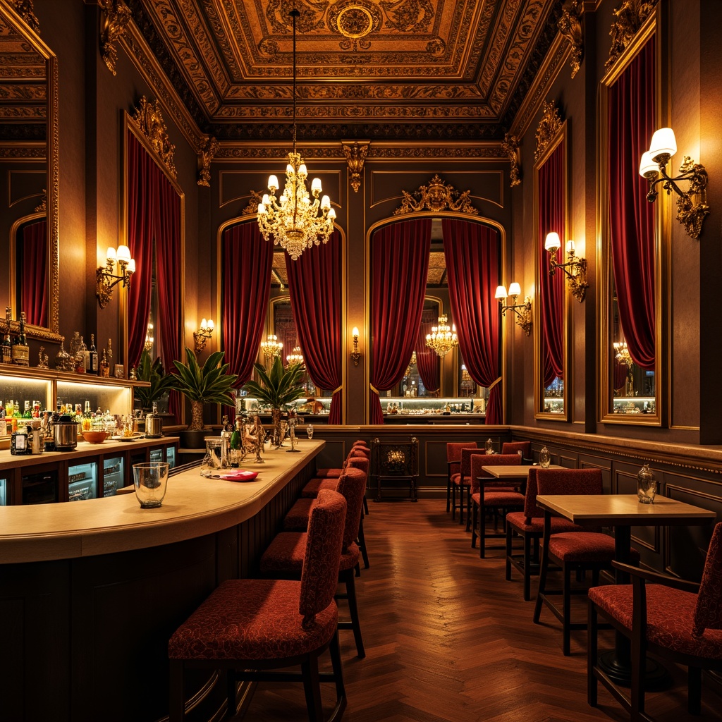 Prompt: Rococo-style bar interior, ornate mirrors, gilded frames, luxurious velvet drapes, rich wood paneling, intricate carvings, metallic accents, crystal chandeliers, lavish furnishings, opulent textiles, golden lighting fixtures, soft warm glow, shallow depth of field, 1/2 composition, symmetrical arrangement, realistic reflections, ambient occlusion.