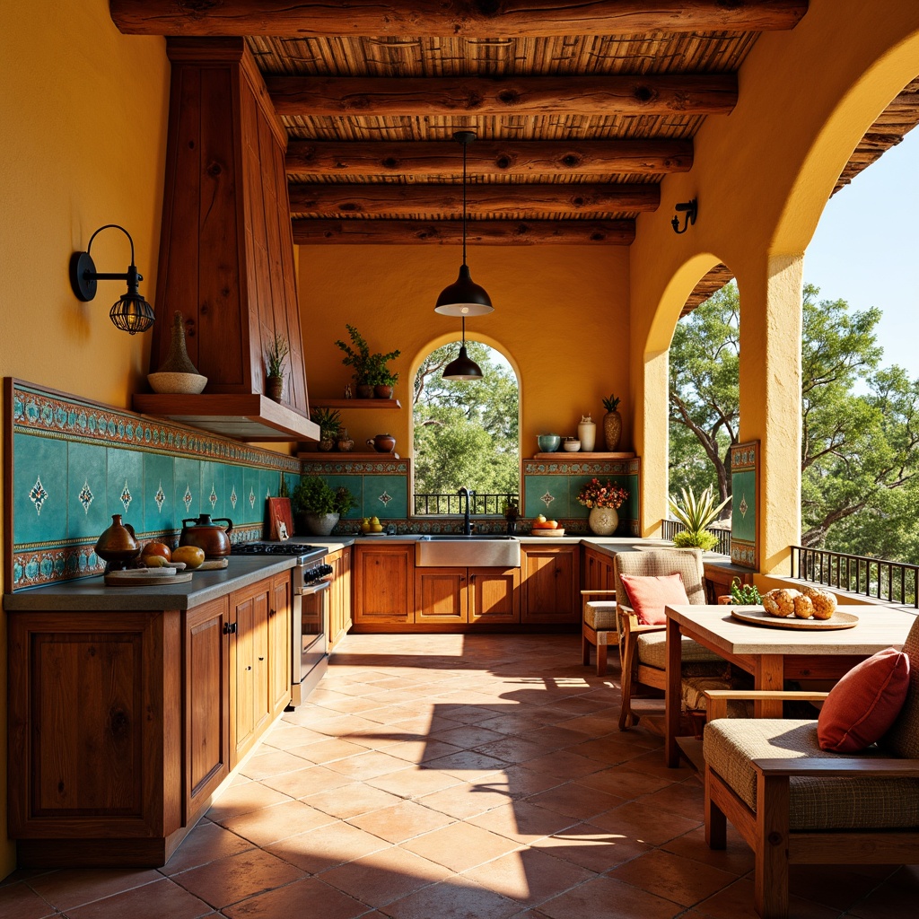 Prompt: Vibrant Southwestern kitchen, warm terracotta floors, rustic wooden cabinets, colorful Talavera tiles, woven textiles, geometric patterns, turquoise accents, earthy brown tones, natural stone countertops, pendant lighting fixtures, modern appliances, cooking island, breakfast nook, sunny morning light, shallow depth of field, 1/1 composition, realistic textures, ambient occlusion.