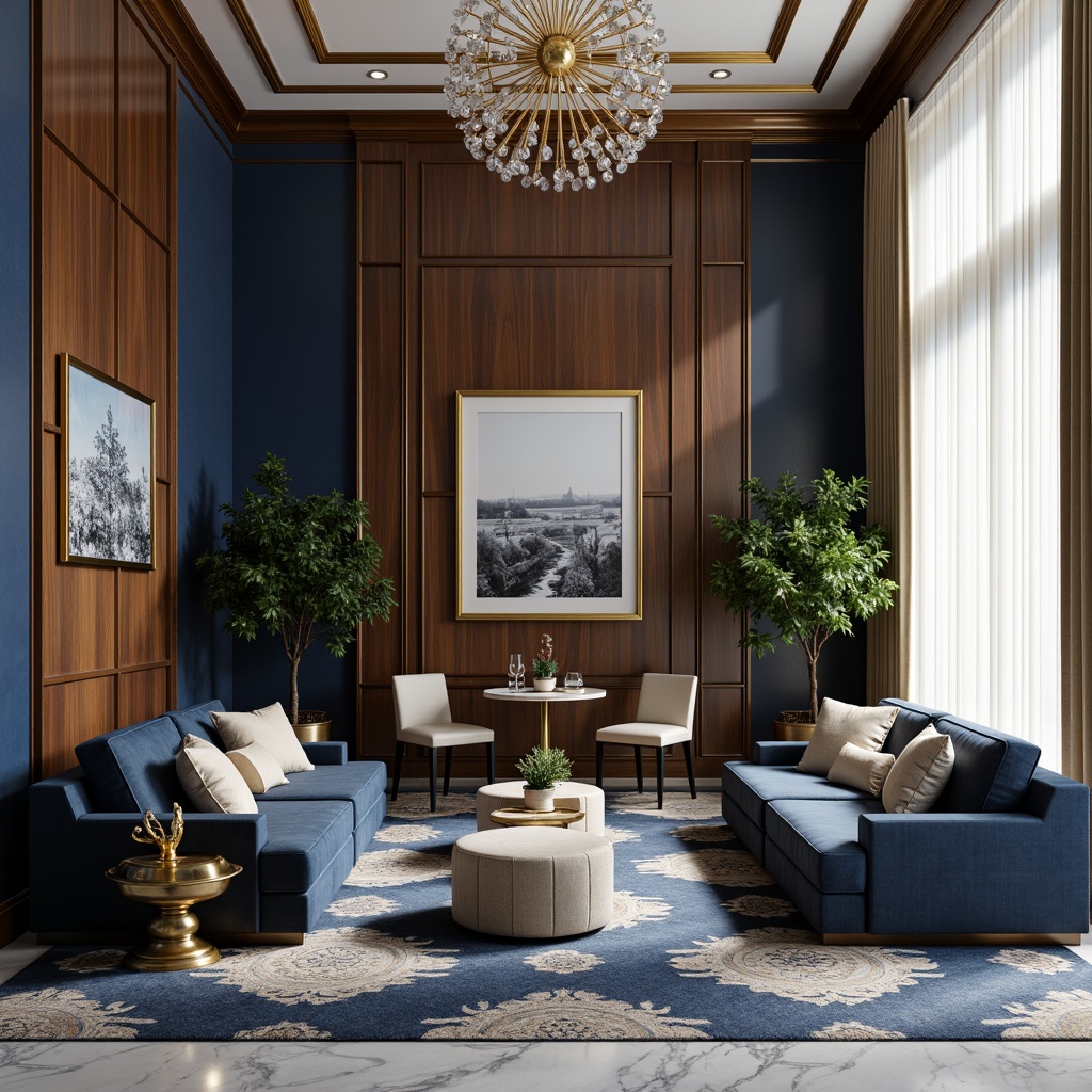 Prompt: Navy blue walls, rich wood accents, comfortable velvet sofas, gold metallic frames, luxurious marble floors, elegant crystal chandeliers, soft cream-colored curtains, subtle navy-blue patterned rugs, sophisticated tufted ottomans, calming natural light, warm beige tones, inviting cozy atmosphere, 1/2 composition, shallow depth of field, warm golden lighting, realistic textures, ambient occlusion.