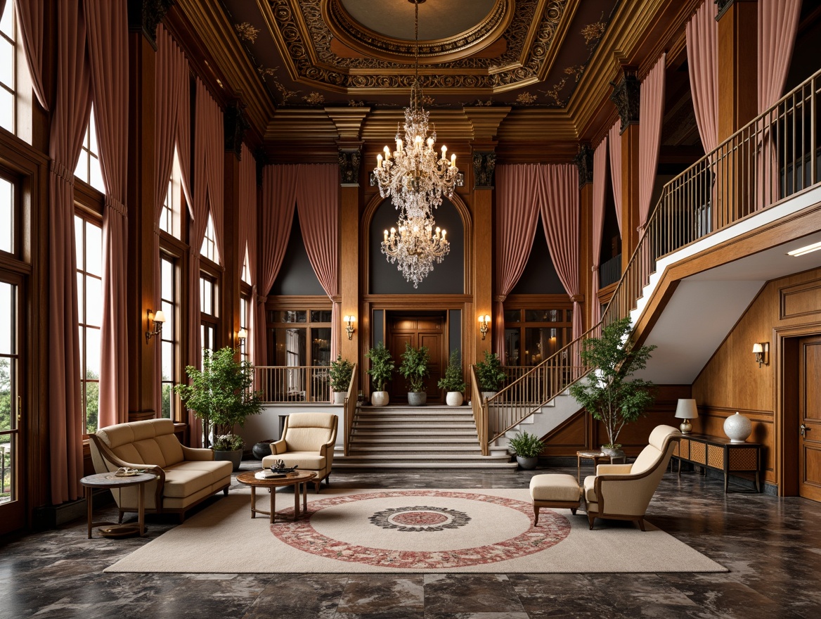 Prompt: Luxurious interior space, ornate detailing, intricate moldings, gilded accents, velvet drapes, crystal chandeliers, marble flooring, high ceilings, grand staircases, opulent furnishings, rich wood paneling, metallic fixtures, subtle lighting, dramatic archways, majestic columns, lavish textiles, patterned rugs, elegant curves, sophisticated color palette, warm golden tones, 1/2 composition, shallow depth of field, realistic textures, ambient occlusion.