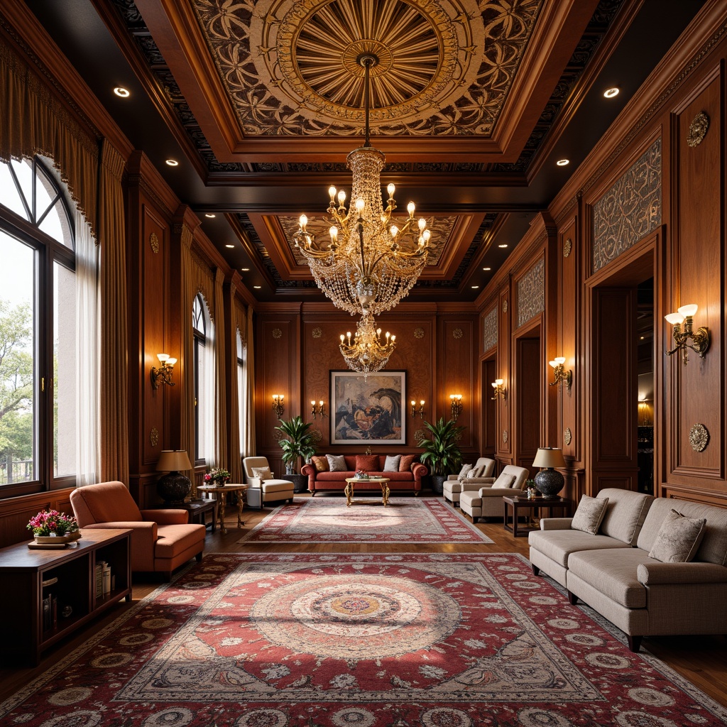 Prompt: Luxurious interior space, opulent chandelier, intricate moldings, ornate furniture, lavish textiles, vibrant color palette, rich wood tones, metallic accents, sophisticated patterns, elegant curves, refined details, warm ambient lighting, shallow depth of field, 1/1 composition, soft focus, realistic materials, subtle reflections.